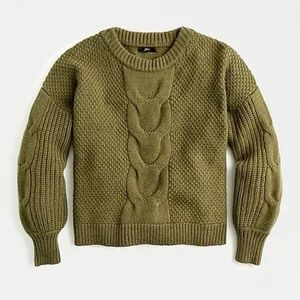 J. Crew Cable-knit Balloon Sleeve Sweater Heather Dusty Olive Green, Medium.